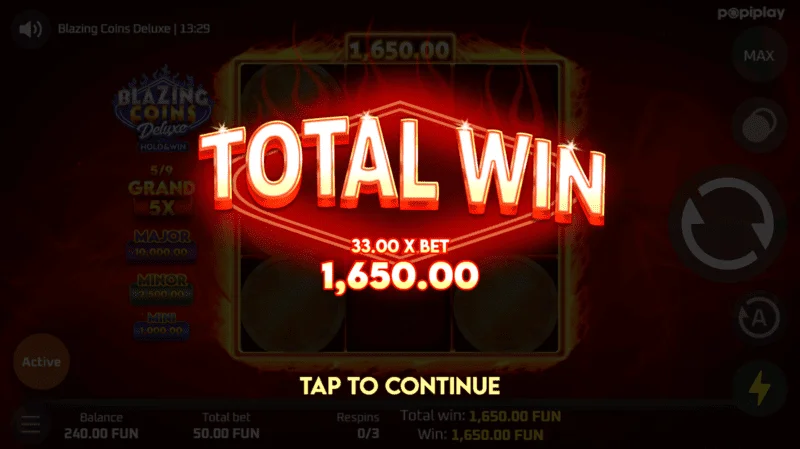 Blazing Coins Deluxe ukupan dobitak od ponovnog okretanja